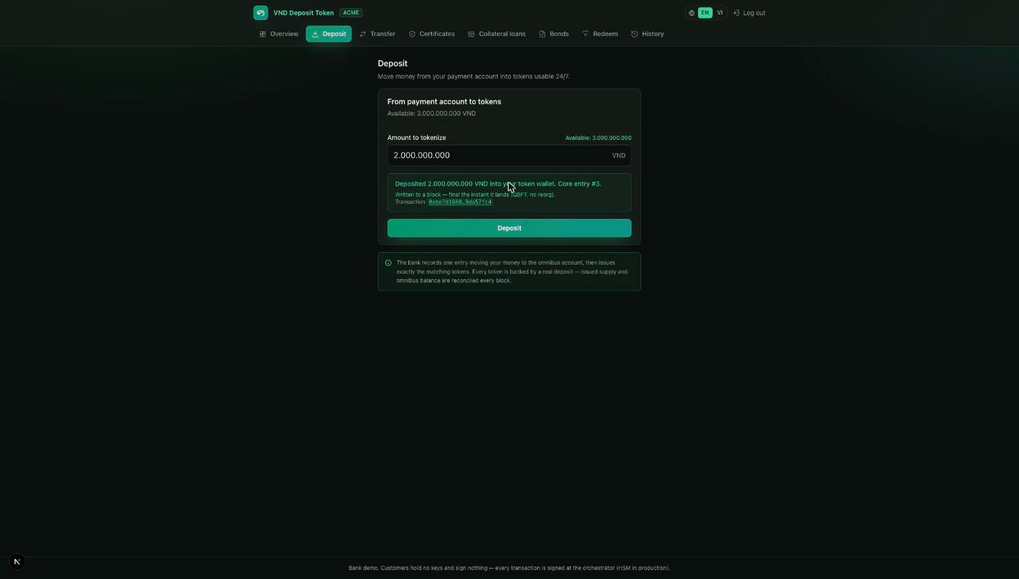 Deposit confirmation with transaction hash