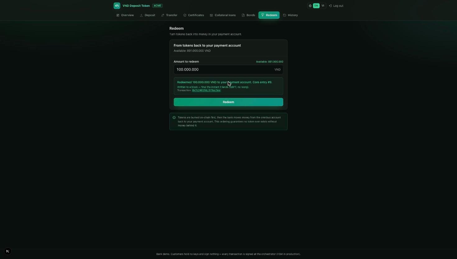 Redeem confirmation